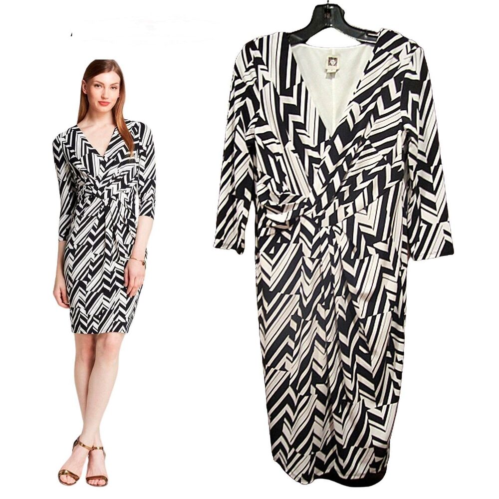 Anne Klein NWT Office Siren Geometric Faux Wrap Ruche Dress 8 | Black Ivory